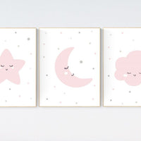 Nursery decor girl, nursery wall art pink and grey, moon star, cloud, nursery wall art girl, girl nursery print, nursery decor girl print