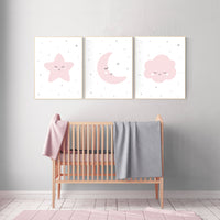 Nursery decor girl, nursery wall art pink and grey, moon star, cloud, nursery wall art girl, girl nursery print, nursery decor girl print