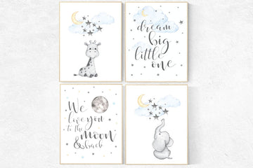 Nursery decor elephant, we love you to the moon and back, dream big little one, gender neutral, nursery wall art, baby room, giraffe nursery