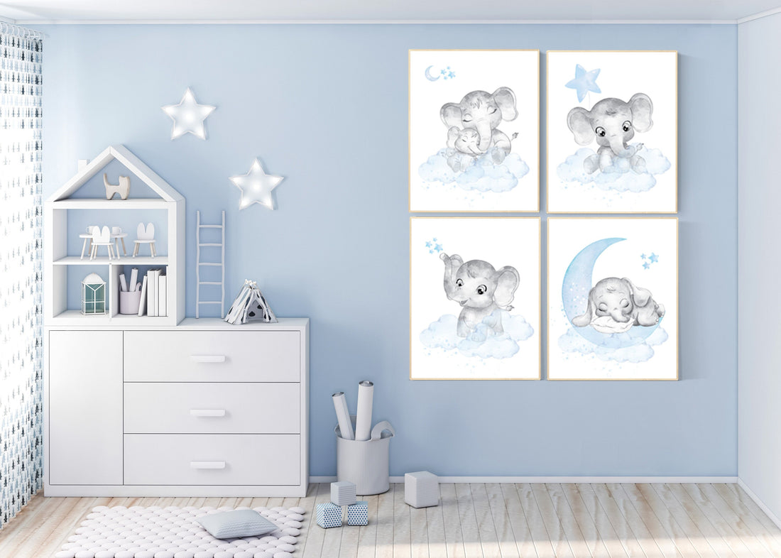 Elephant nursery, Nursery decor boy, nursery wall art, nursery art, blue nursery decor, moon and cloud, nursery decor boy modern, blue gray