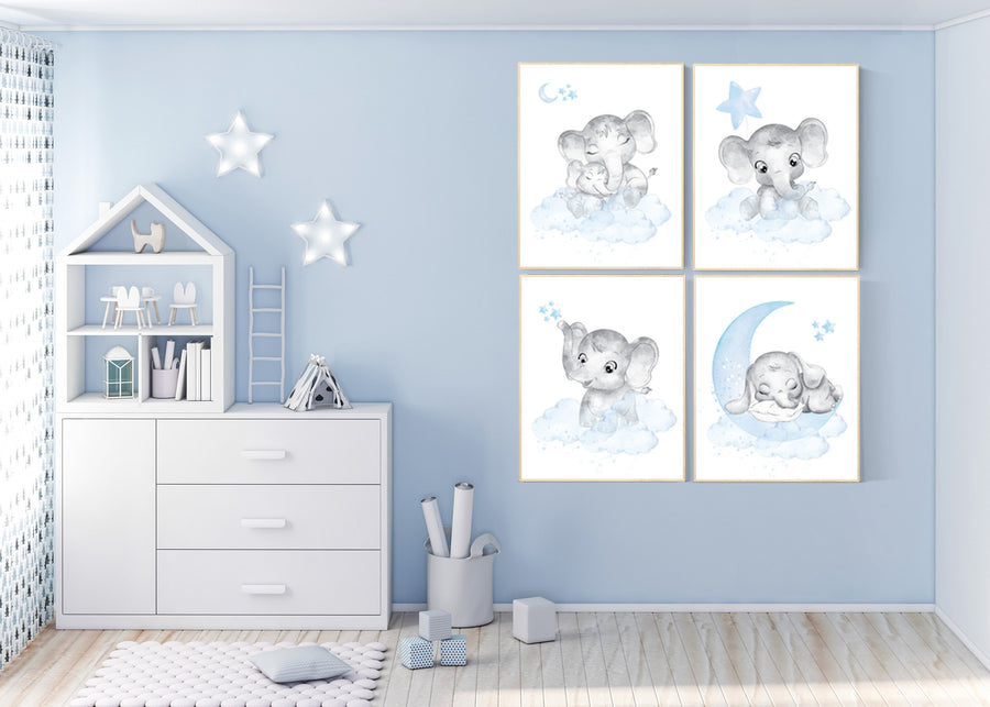 Elephant nursery, Nursery decor boy, nursery wall art, nursery art, blue nursery decor, moon and cloud, nursery decor boy modern, blue gray