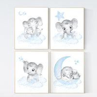 Elephant nursery, Nursery decor boy, nursery wall art, nursery art, blue nursery decor, moon and cloud, nursery decor boy modern, blue gray