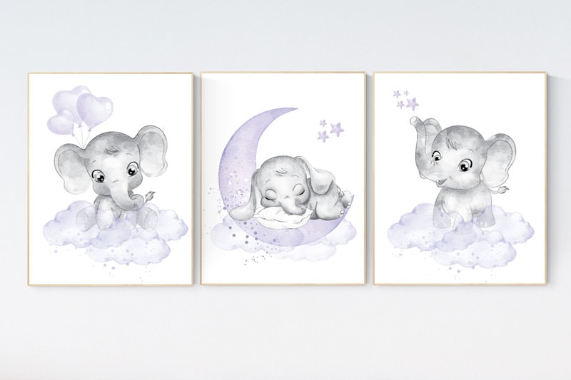 Girls room decor purple, Nursery decor girl purple, nursery decor elephant girl, moon and stars, nursery decor girl lavender, lilac nursery