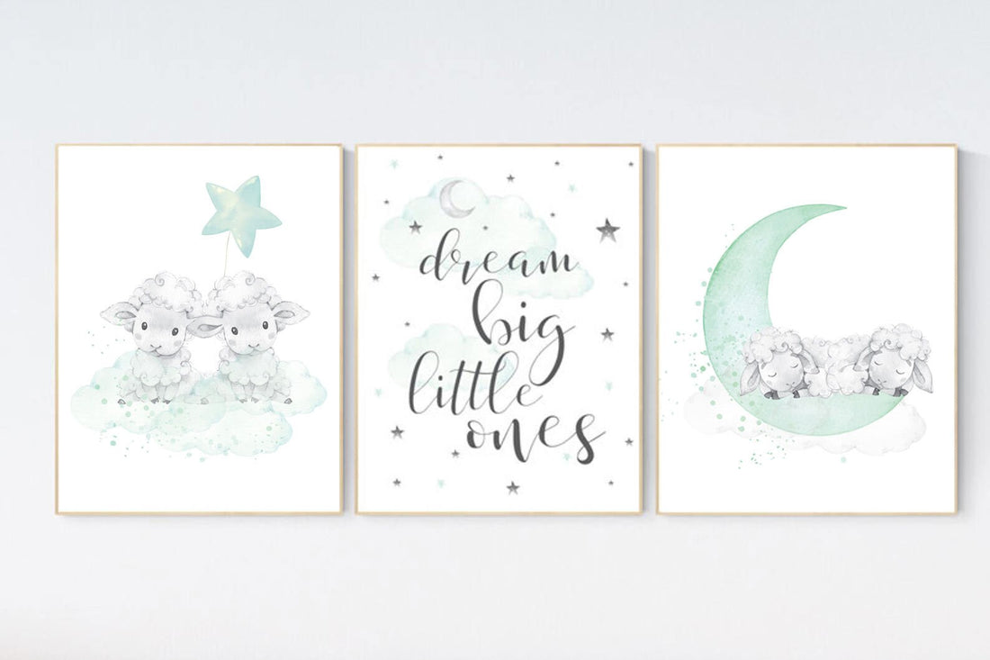 Lambs nursery art, twin nursery decor, sheep nursery print, twin nursery art, moon and stars, mint nursery, twin babies, mint green