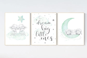 Lambs nursery art, twin nursery decor, sheep nursery print, twin nursery art, moon and stars, mint nursery, twin babies, mint green