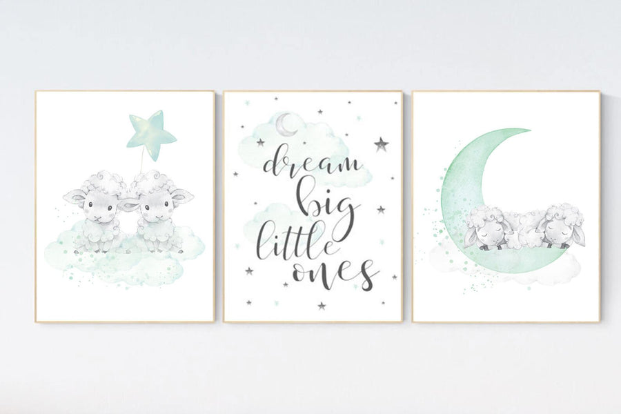 Lambs nursery art, twin nursery decor, sheep nursery print, twin nursery art, moon and stars, mint nursery, twin babies, mint green