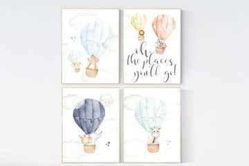 hot air balloon nursery wall art, nursery decor animals, elephant, giraffe, bear, bunny, gender neutral, twin, elegant, baby registry