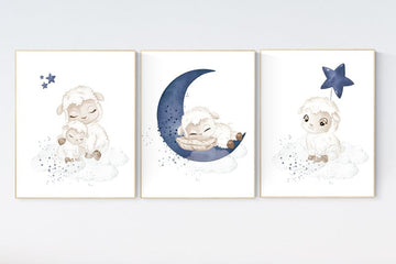 Sheep nursery decor, Nursery decor boy, nursery decor lambs, nursery wall art sheep, moon and cloud wall art nursery, navy nursery wall art