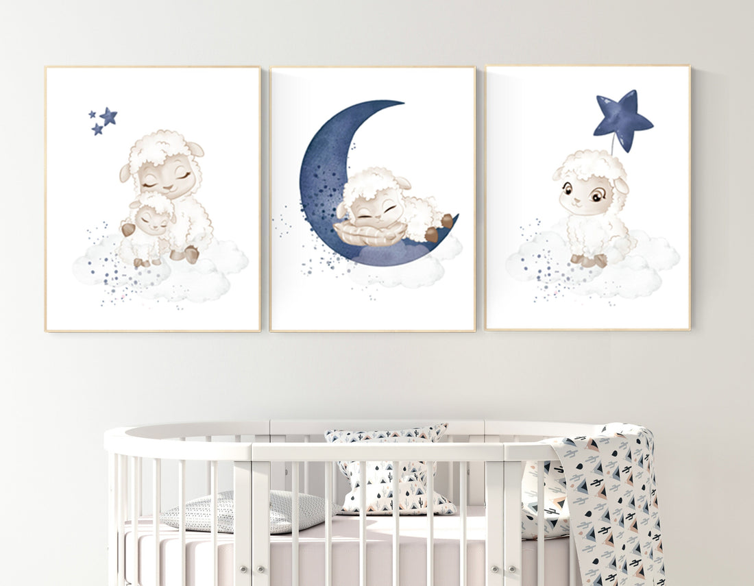 Sheep nursery decor, Nursery decor boy, nursery decor lambs, nursery wall art sheep, moon and cloud wall art nursery, navy nursery wall art