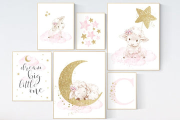 Baby room decor girl, Nursery wall art girl pink gold, Sheep nursery decor, sheep nursery art, lamb nursery decor, lamb print for nursery