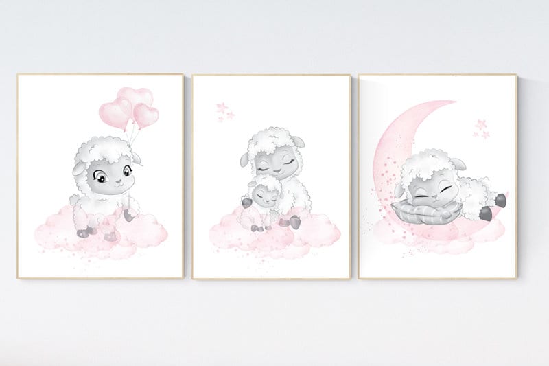 Nursery decor lamb, nursery wall art girl, Sheep nursery decor, sheep nursery art set, nursery decor girl farm, lamb nursery art, pink grey