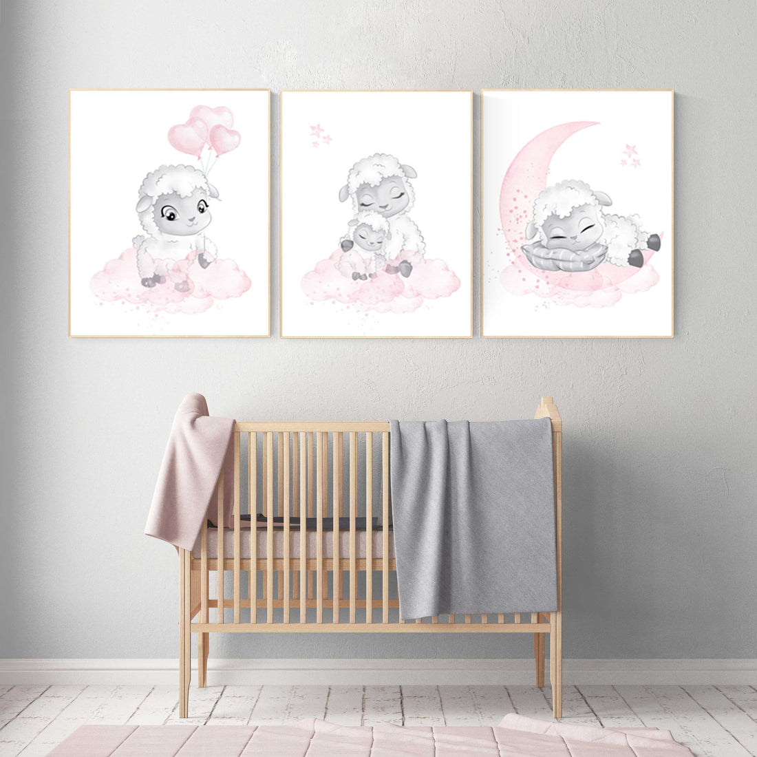 Nursery decor lamb, nursery wall art girl, Sheep nursery decor, sheep nursery art set, nursery decor girl farm, lamb nursery art, pink grey