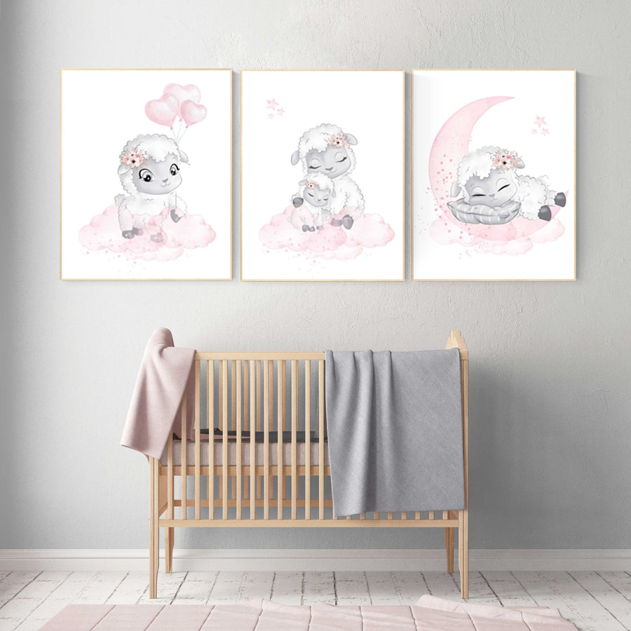 Lamb nursery, nursery wall art girl, Sheep nursery decor, sheep nursery art set, nursery decor girl farm, lamb nursery art, pink grey