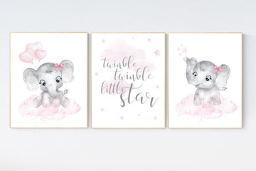 nursery decor elephant girl, baby room decor girl, nursery wall art elephant, pink gray elephant nursery, nursery prints elephants, set of 3
