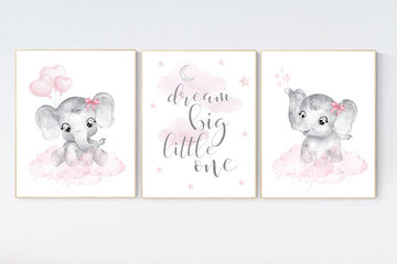 nursery decor elephant girl, baby room decor girl, nursery wall art elephant, pink gray, nursery prints elephants, dream big little one