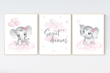 Nursery decor elephant girl, nursery wall art elephant, pink gray, nursery prints elephants, pink grey, elephant nursery wall art, set of 3