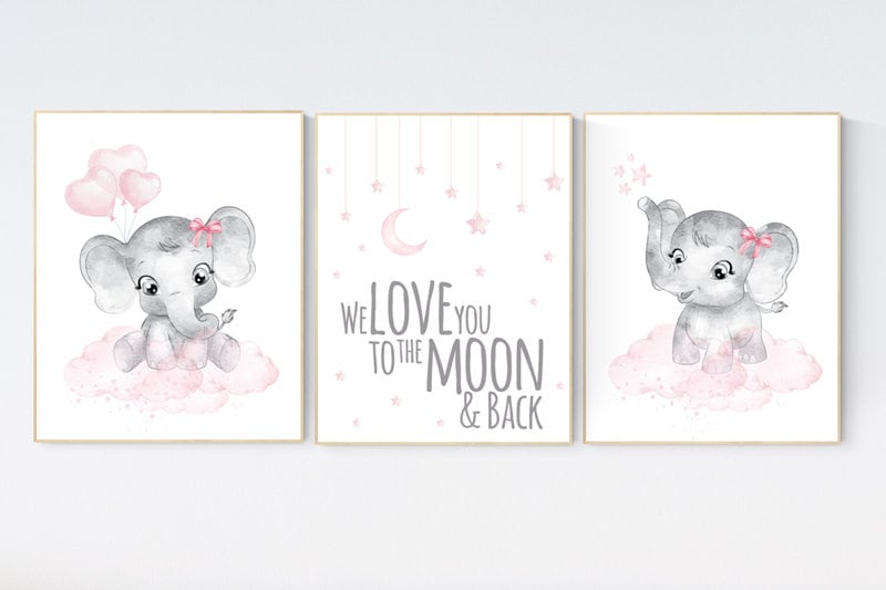 Baby room decor elephant, Nursery decor girl pink and gray, nursery decor girl pink, nursery wall art girl, we love you to the moon and back