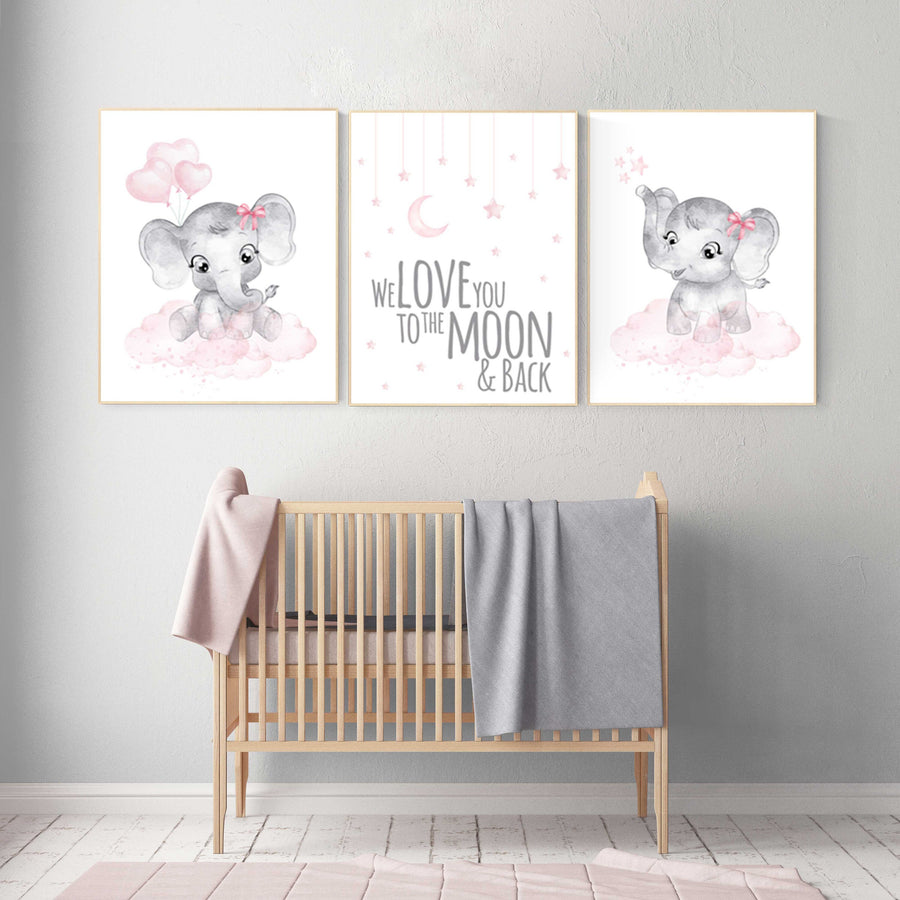 Baby room decor elephant, Nursery decor girl pink and gray, nursery decor girl pink, nursery wall art girl, we love you to the moon and back
