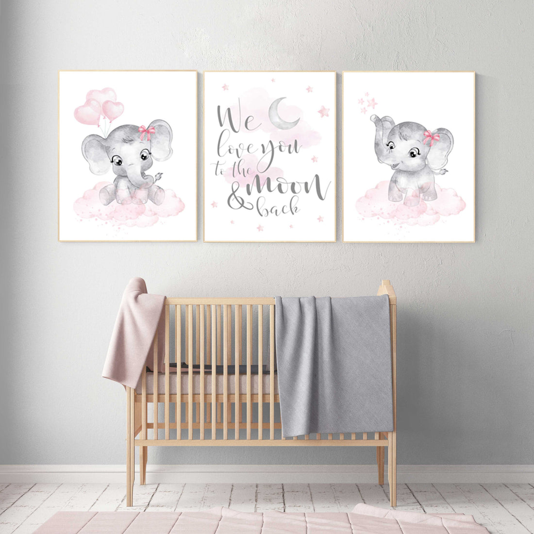 Nursery wall art girl elephant, pink and gray nursery, we love you to the moon and back, pink nursery art, moon and stars, baby room decor