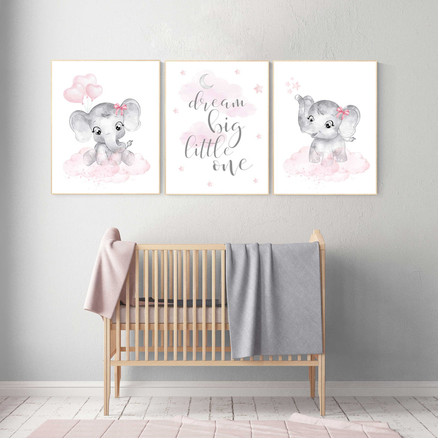 nursery decor elephant girl, baby room decor girl, nursery wall art elephant, pink gray, nursery prints elephants, dream big little one
