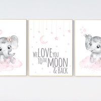 Elephant nursery, nursery wall art elephant, nursery decor girl, we love you to the moon and back, baby room, girl nursery decor, elephants