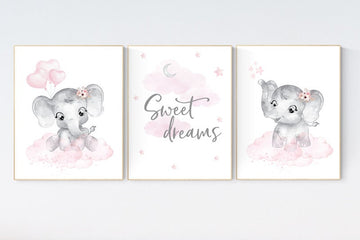 Nursery decor elephant girl, nursery wall art elephant, pink gray, nursery prints elephants, pink grey, elephant nursery wall art, set of 3