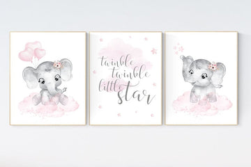 nursery decor elephant girl, baby room decor girl, nursery wall art elephant, pink gray elephant nursery, nursery prints elephants, set of 3