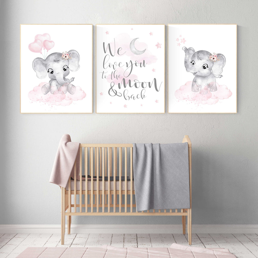 Nursery wall art girl elephant, pink and gray nursery, we love you to the moon and back, pink nursery art, moon and stars, baby room decor