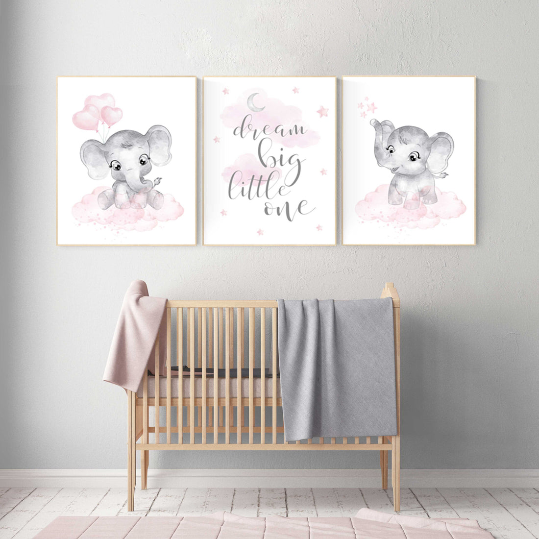 nursery decor elephant girl, baby room decor girl, nursery wall art elephant, pink gray, nursery prints elephants, dream big little one