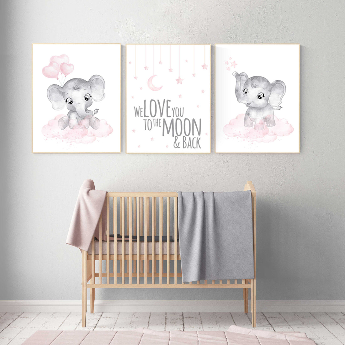 Baby room decor elephant, Nursery decor girl pink and gray, nursery decor girl pink, nursery wall art girl, we love you to the moon and back