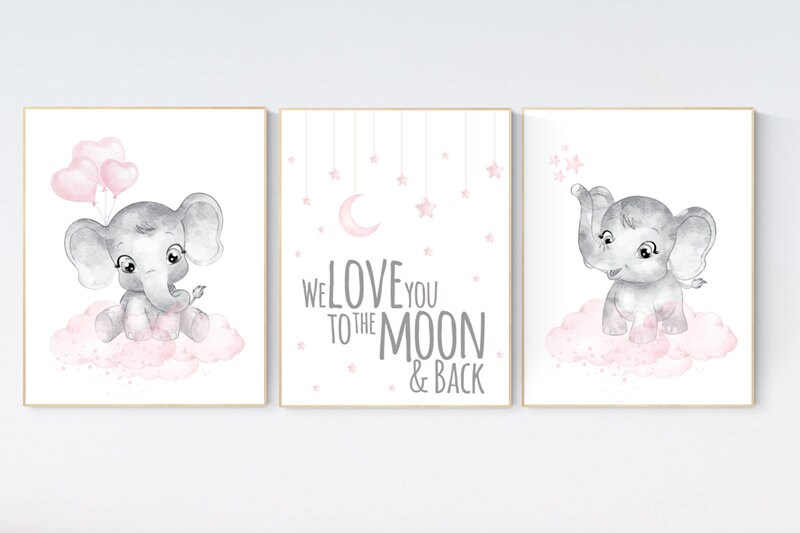 Baby room decor elephant, Nursery decor girl pink and gray, nursery decor girl pink, nursery wall art girl, we love you to the moon and back