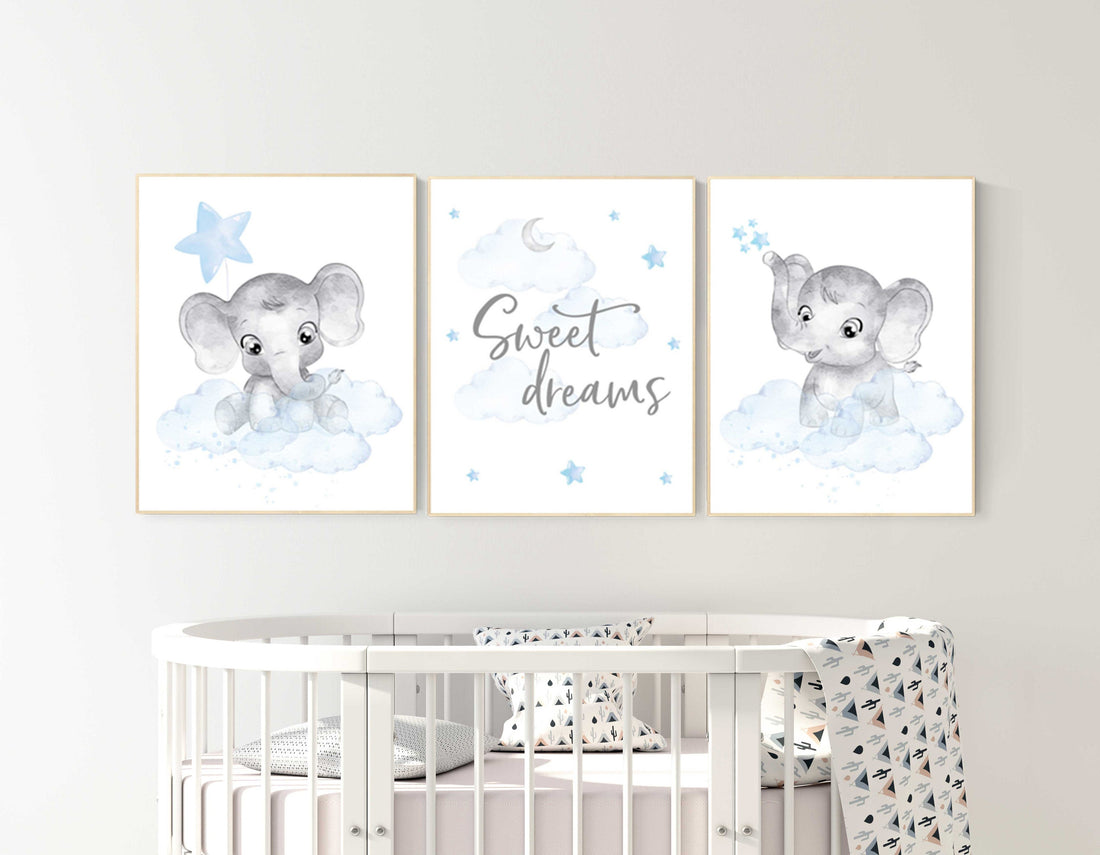 Nursery decor boy elephant, nursery wall art elephant, baby room decor boy, cloud and stars, Elephant Nursery Art, Baby Boy Nursery Art