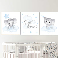 Nursery decor boy elephant, nursery wall art elephant, baby room decor boy, cloud and stars, Elephant Nursery Art, Baby Boy Nursery Art