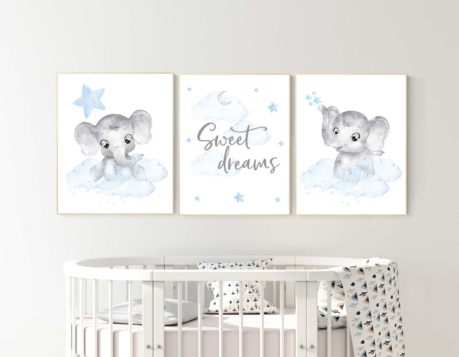 Nursery decor boy elephant, nursery wall art elephant, baby room decor boy, cloud and stars, Elephant Nursery Art, Baby Boy Nursery Art