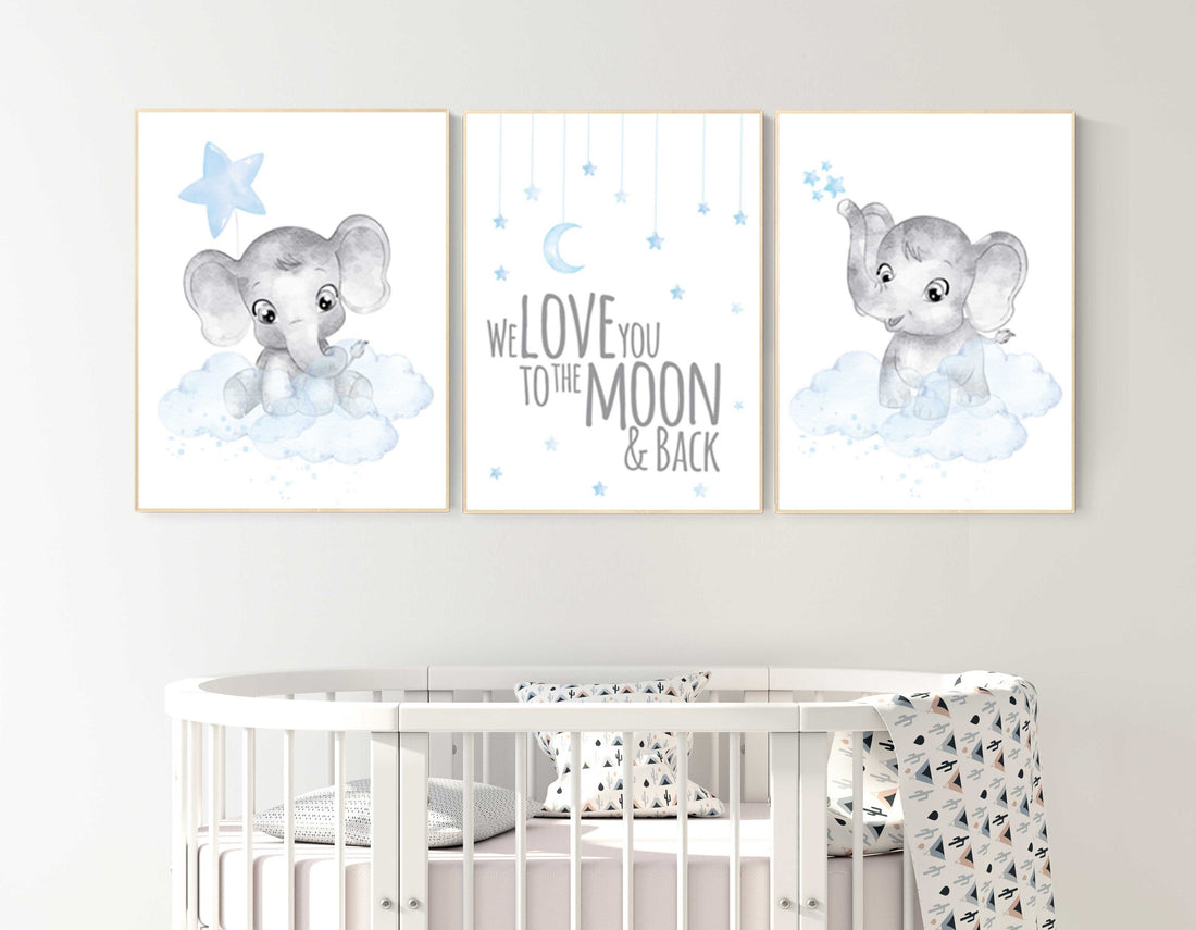 Nursery decor boy elephant, nursery wall art elephant, we love you to the moon and back, Elephant Nursery, boy nursery art, blue grey