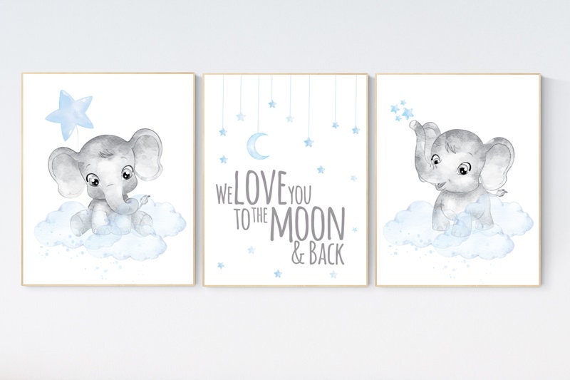 Nursery decor boy elephant, nursery wall art elephant, we love you to the moon and back, Elephant Nursery, boy nursery art, blue grey