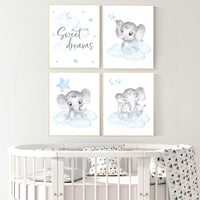 Nursery decor boy, nursery decor elephant, nursery wall art, nursery art, blue nursery decor, moon and stars, elephant nursery prints