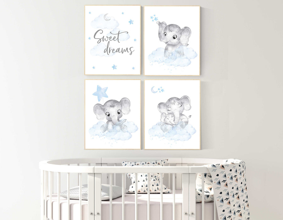 Nursery decor boy, nursery decor elephant, nursery wall art, nursery art, blue nursery decor, moon and stars, elephant nursery prints