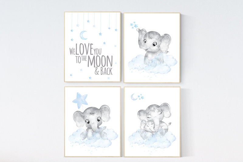 Nursery decor boy, nursery decor elephant, nursery wall art, nursery art, blue nursery decor, moon and stars, elephant nursery prints
