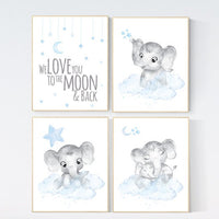 Nursery decor boy, nursery decor elephant, nursery wall art, nursery art, blue nursery decor, moon and stars, elephant nursery prints
