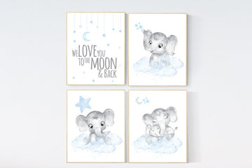 Nursery decor boy, nursery decor elephant, nursery wall art, nursery art, blue nursery decor, moon and stars, elephant nursery prints