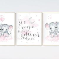 Twin nursery wall art, twin nursery decor, elephant, pink gray, baby girl twin decor, twin baby shower, twin baby girls, baby girl twins