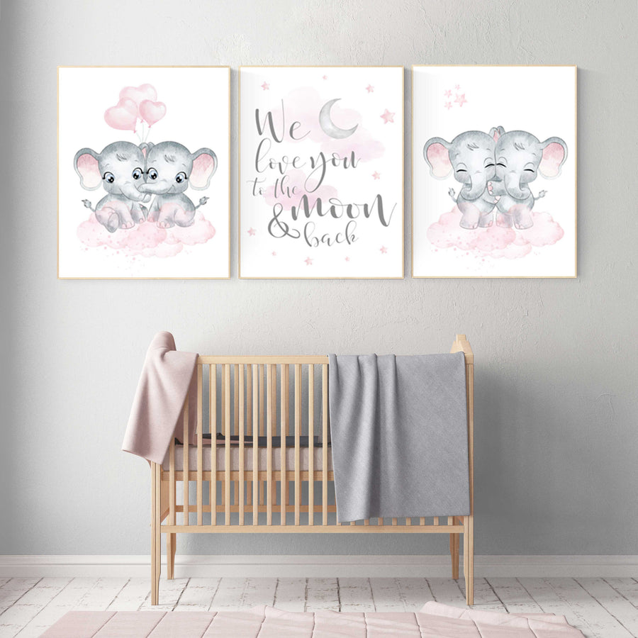 Twin nursery wall art, twin nursery decor, elephant, pink gray, baby girl twin decor, twin baby shower, twin baby girls, baby girl twins