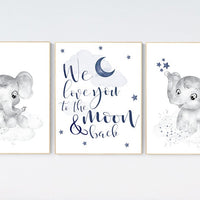 Nursery decor elephant, navy nursery decor, cloud and stars, moon and stars, navy blue nursery art. baby room wall art, elephant nursery