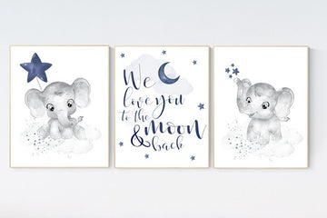 Nursery decor elephant, navy nursery decor, cloud and stars, moon and stars, navy blue nursery art. baby room wall art, elephant nursery