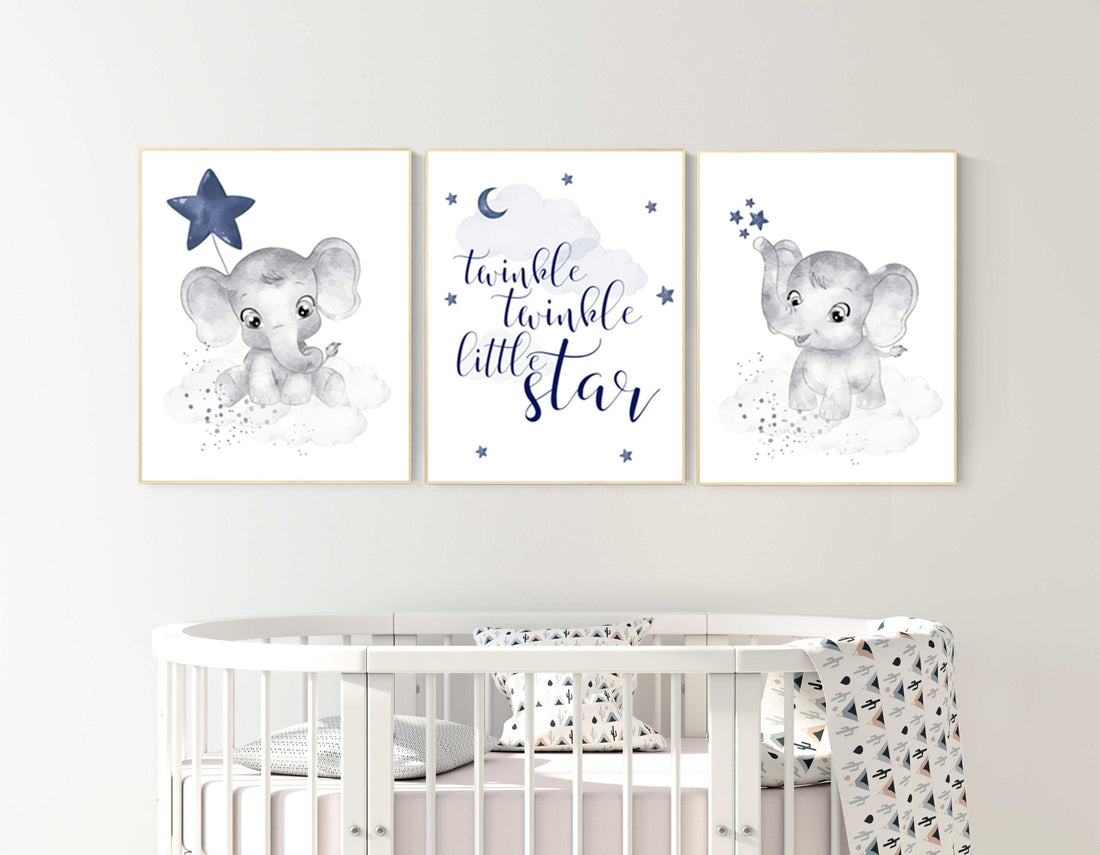 Nursery wall art boy, nursery decor elephant, nursery prints, navy nursery, navy blue, twinkle twinkle little star, nursery prints elephant