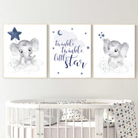 Nursery wall art boy, nursery decor elephant, nursery prints, navy nursery, navy blue, twinkle twinkle little star, nursery prints elephant