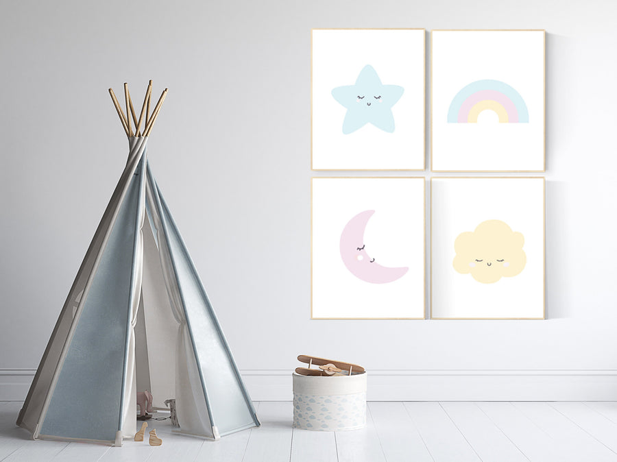 Nursery prints rainbow, Nursery decor gender neutral, nursery wall art boy, moon star, cloud, nursery wall art neutral nursery print