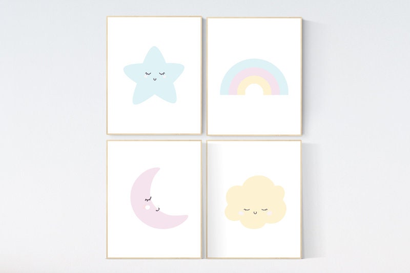 Nursery prints rainbow, Nursery decor gender neutral, nursery wall art boy, moon star, cloud, nursery wall art neutral nursery print