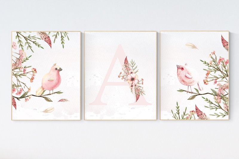Nursery wall art birds, nursery decor girl flower, Nursery decor girl floral, baby bird nursery, spring theme baby shower, bird nursery art